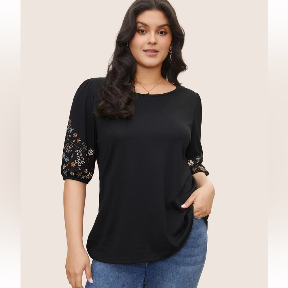 BloomChic Plus Size XL Floral Embroidered Crew Neck Puff Sleeve T-shirt us14-16